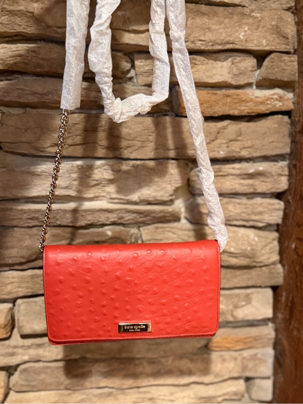 Kate Spade NWT Red Ostrich Textured Leather Crossbody Wallet Gold Chain $275